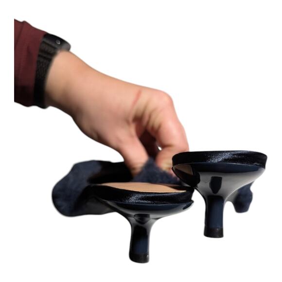 Zara Navy Blue Faux Fur Fuzzy Fluffy Kitten Heel Pointed Toe Mules Sz 37 6.5 - Picture 3 of 7